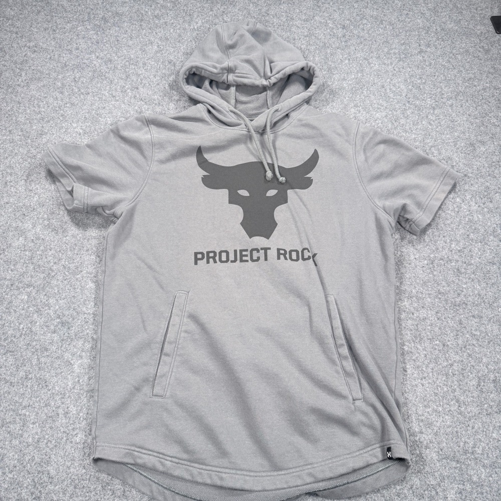 Under Armour Project Rock Short Sleeve Hoodie Gray Brahma Bull Logo Small
